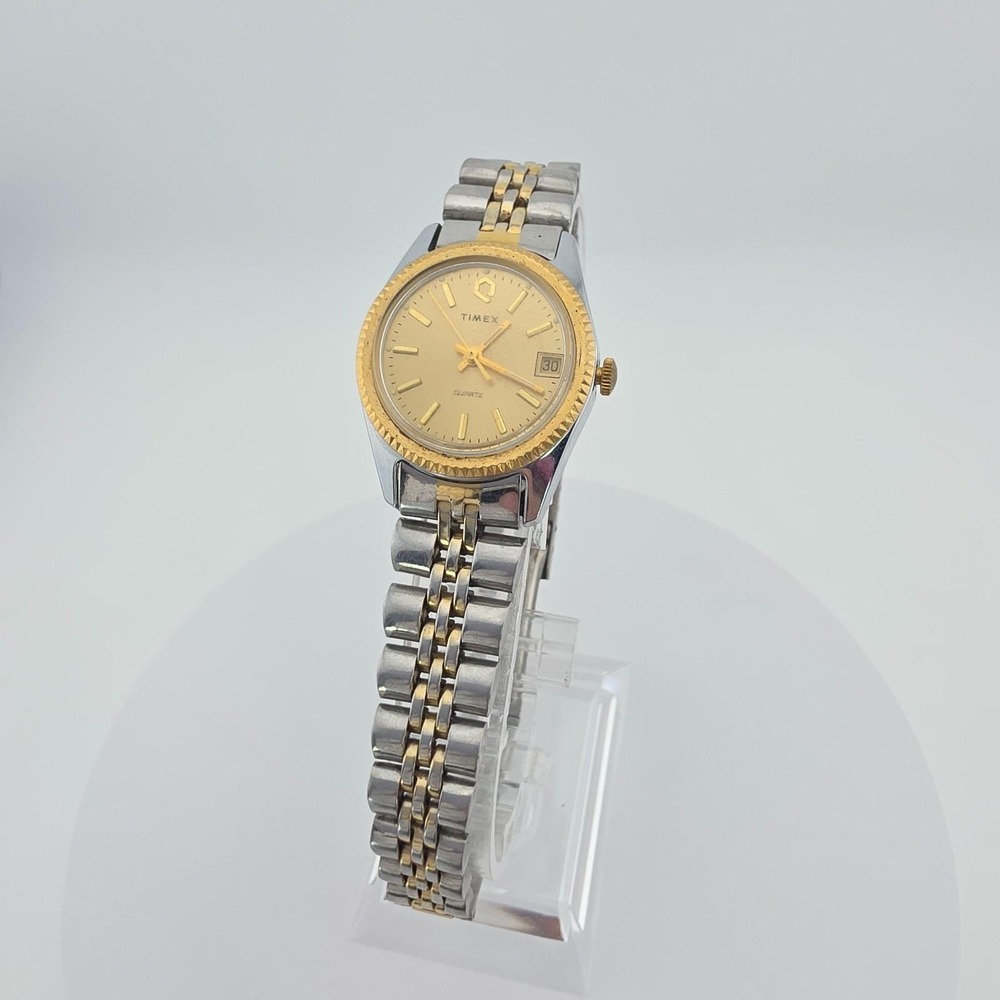 Vtg TIMEX Ladies Watch Gold Dial Date Window Gold Plate Stainless 6.25" New Batt